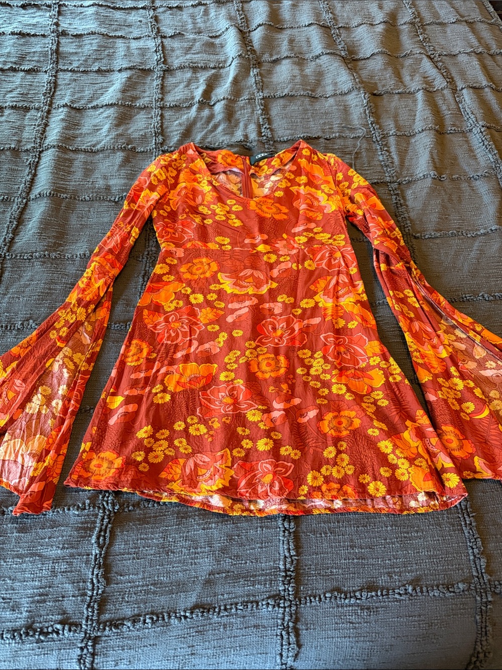 Cider Floral Long-Sleeve Mini Dress in Orange and Yellow